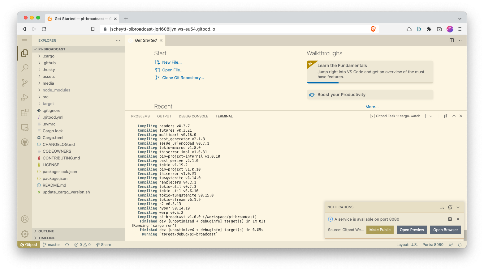 Screenshot of the GitPod Workspace of my repository after a few tweaks