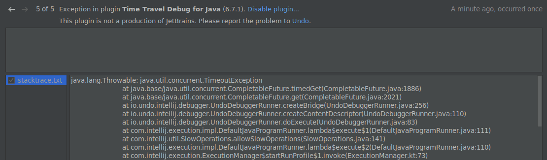 image showing IntelliJ Timeout Exception for Time Travel Debug Plugin