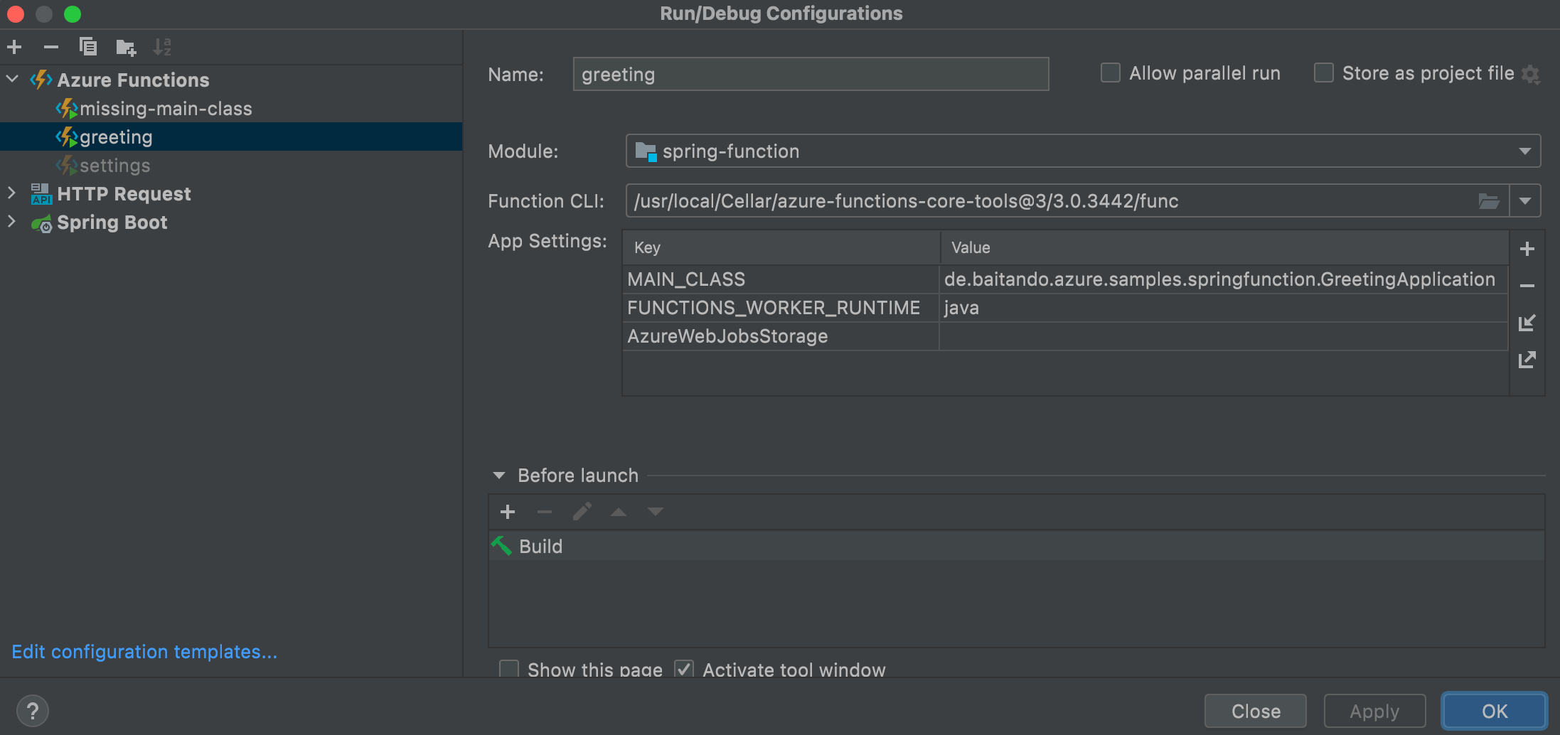 Run configuration for running the Azure Function from Intellij Idea