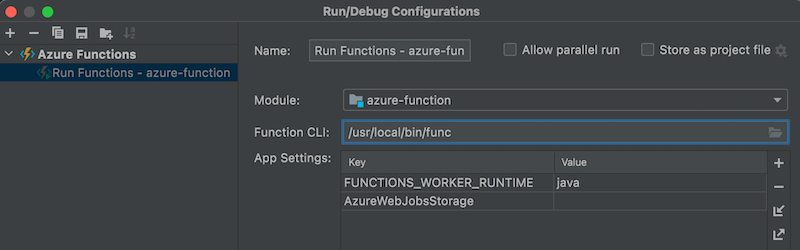 Run configuration for running the Azure Function from Intellij Idea