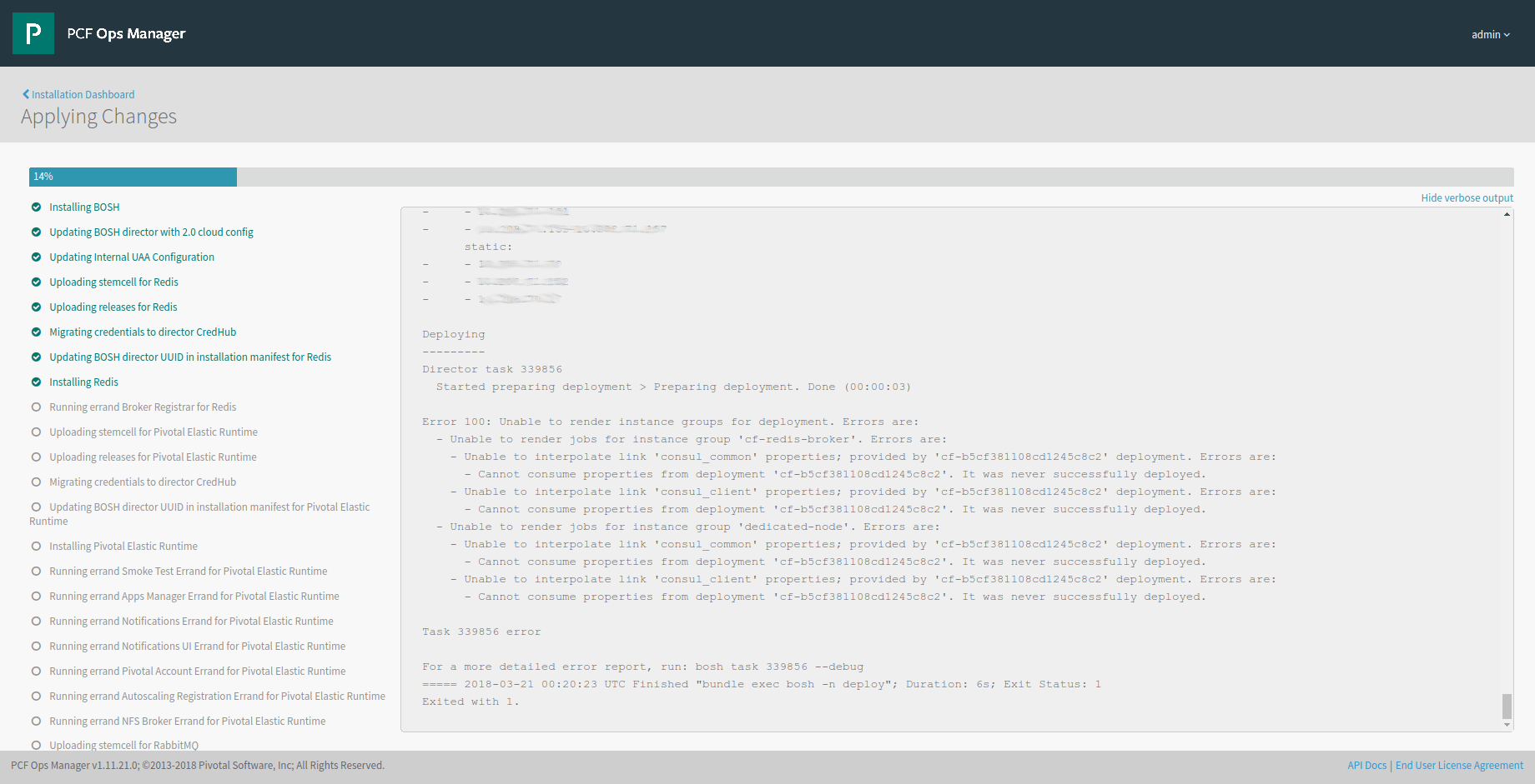 Apply Changes with Redis before Elastic Runtime